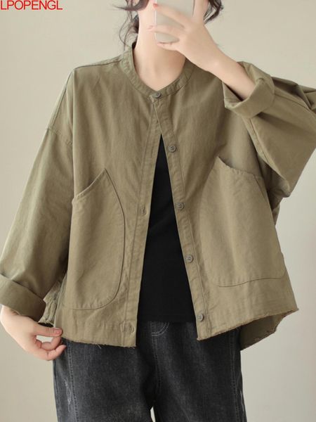 

women's jackets spring and autumn solid color loose long sleeve casual single breasted cardigan batwing widewaisted coat 230823, Black;brown