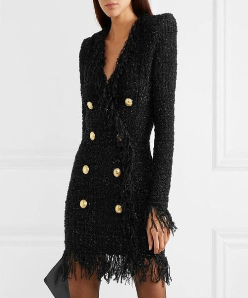 

2019 designer runway dress women039s long sleeve metal lion buttons fringed tweed tassel dress4214241, Black;gray