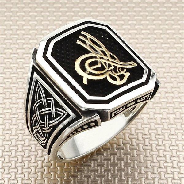 

sterling silver ottoman tughra motif ring sultan collection handmade oxidized for men made in turkey cluster rings317n, Golden;silver