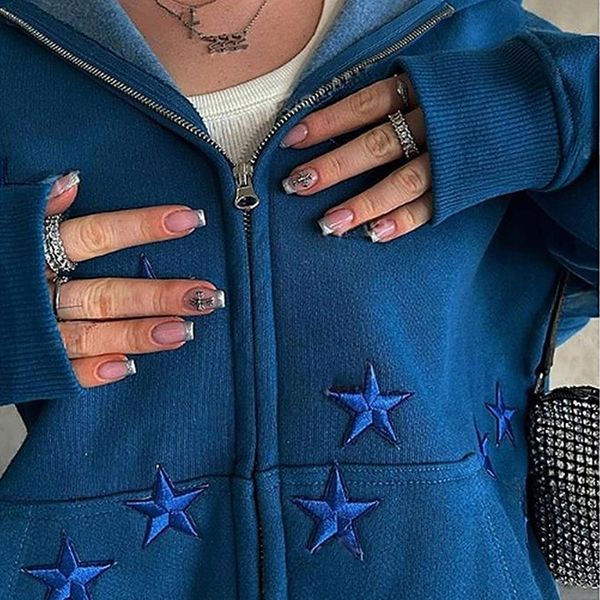 

men's hoodies sweatshirts y2k zip hoodie star embroidery goth punk sweatshirt navy blue hoodie sweat jacket gothic long sleeve oversize, Black