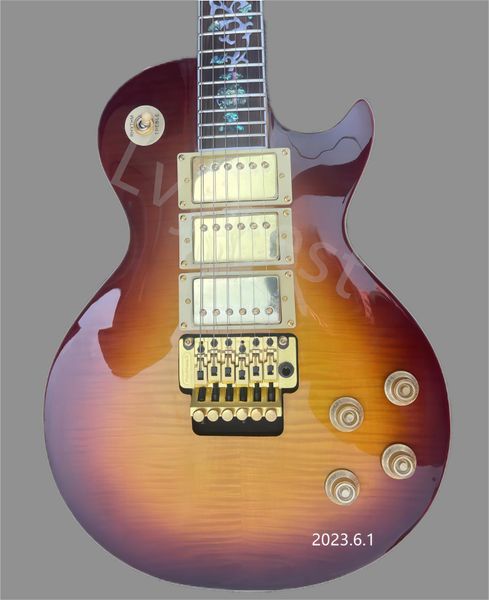 

electric guitar with hhh pickup, black cherry burst, cream cap, ring, floyd, pink style, trill lock, abalone flower, no pickup