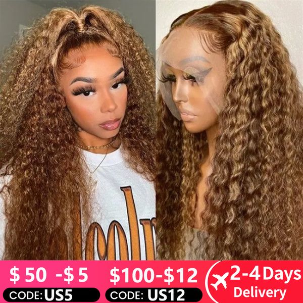 

Transparent HD Highlight Wig Human Hair Honey Blonde Lace Front Wigs for Women Curly Human Hair Wig Deep Wave Lace Frontal Wig s al, Green