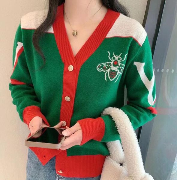 

women's sweaters 2023 autumn new little bee jacquard colored v-neck knitted cardigan casual sweater women's coat, White;black