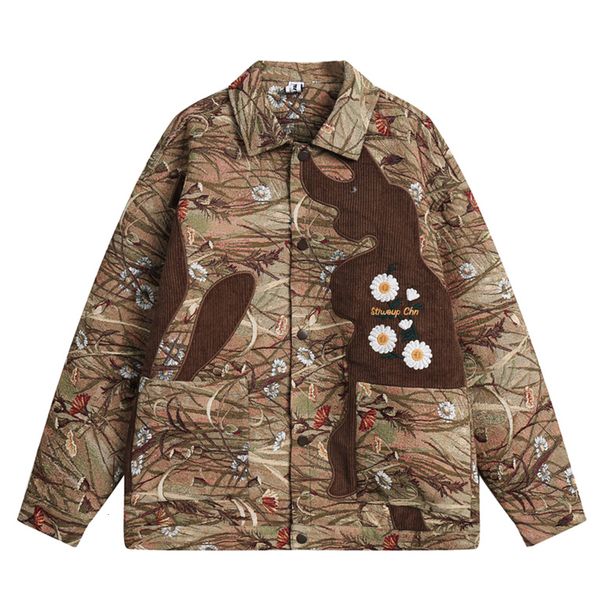 

men's jackets flower embroidery patchwork turn-down collar men women jackets streetwear men's jacket green coffee 230824, Black;brown