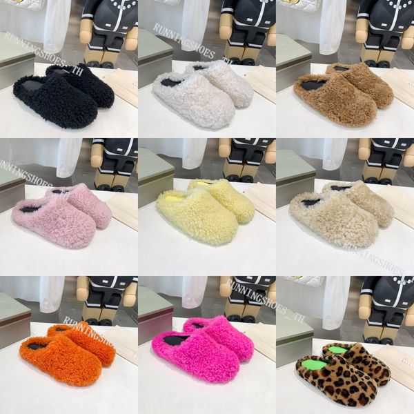 

designer slippers flat sheepskin slides warm fluffy furry sandal women men wool slippers comfortable autumn winter home slipper, Black