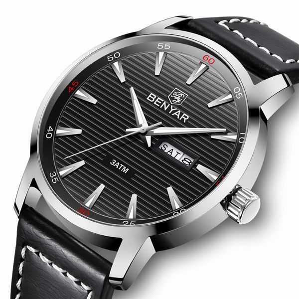 

luxury brand benyar new men watch fashion waterproof week date military male quartz leather watches relogio masculino283a, Slivery;brown