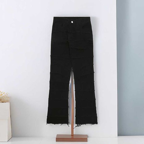 

designer fashion jeans men's retro patchwork flared pants grunge wild stacked ripped long trousers straight baggy washed faded for, Blue