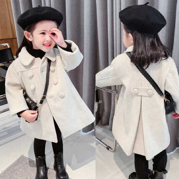 

winter and pullover autumn girls' wool coat solid double chest groove jacket coat 1-8 year children's coat z230724, Blue