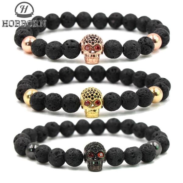 

hobborn trendy natural lava stone bracelet women men hip hop rose gold silver color charm cz skull bracelets pulsera hombre2496, Golden;silver