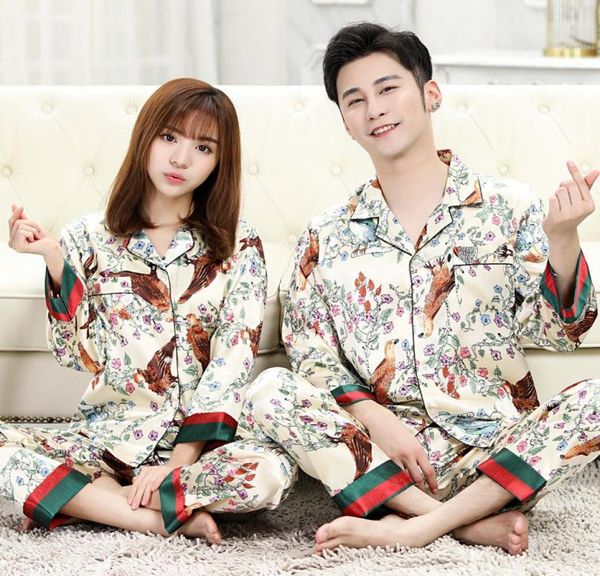 

arrivals designer pajamas couple long sleeved sleepwear set silk for women sleep pants pijamas men039s2158452, Black;brown