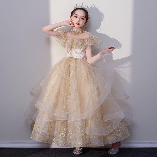 

2023 luxurious gold flower girl dresses shiny sequined lace pearls high neck long champagne sequins ball gown tutu lilttle kids birthday pag, White;blue