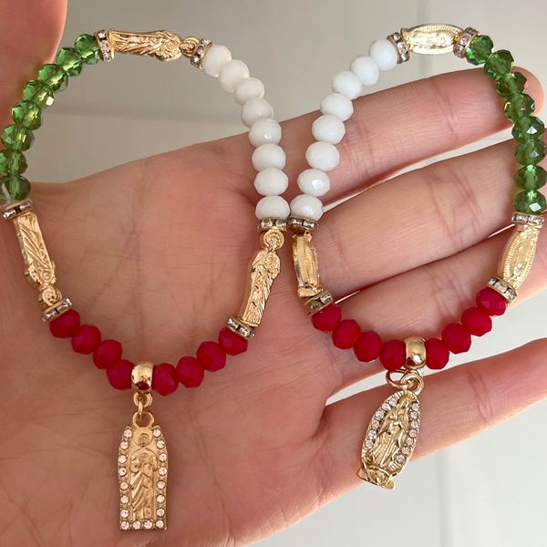 

bangle 12pcs green red white crystal beaded mexican flag bracelet jewelry virgin mary saint jude charms elastic bracelet 230824, Black