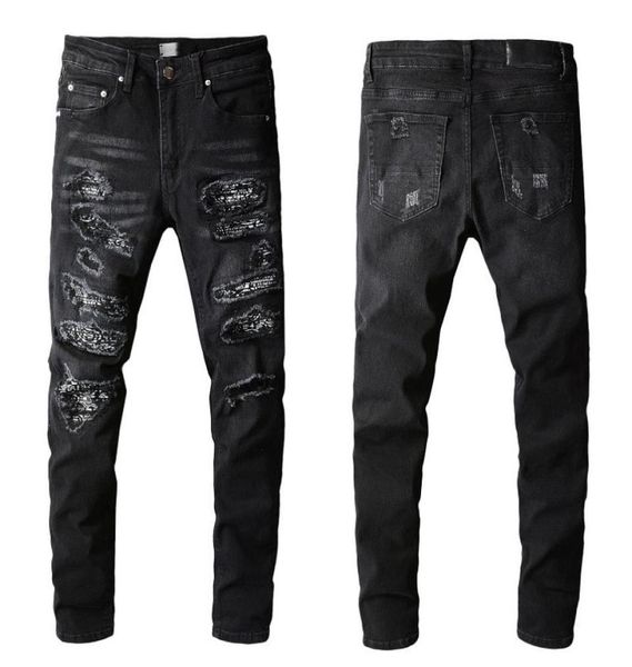 

guys jeans knee ripped patches man rugged pants designer tattered straight skinny black distressed damaged torn plus size high qua4114874, Blue