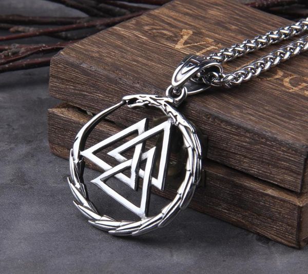 

never fade men stainless steel viking selfdevourer ouroboros valknut amulet dragon pendant necklace with vikings wooden box neckl3153649, Silver