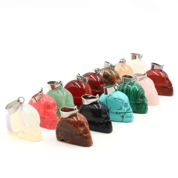 

16-20mm natural skull stone carved sculpture pendant grave earring crystal healing reiki gemstone jewelry diy wholesale hallowmas, Bronze;silver