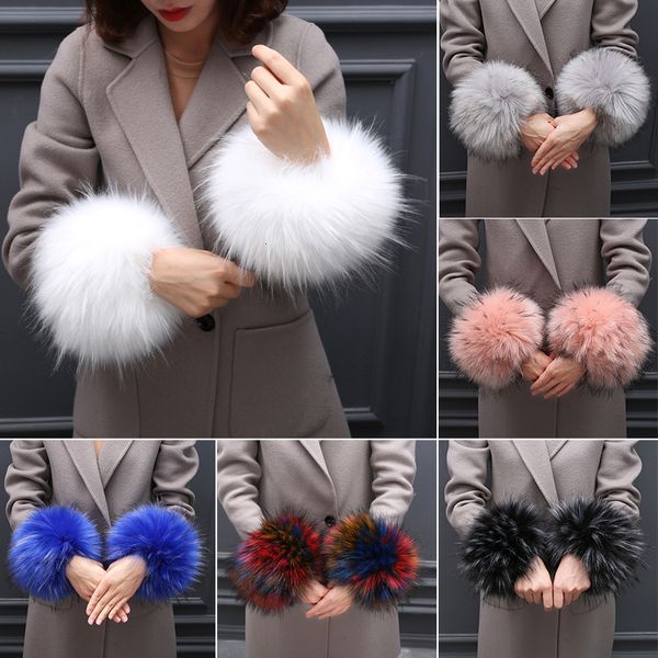 

five fingers gloves faux fur cuffs arm warmer winter warm women wrist cuff sleeves pompom bracelet wristband accessories 230824, Blue;gray