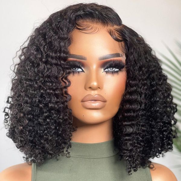 

13x4 Short Bob Deep Wave Frontal Wig Water Wave Curly Glueless Wig Human Hair Ready To Wear T Part Lace Front Human Hair Wigs, Black