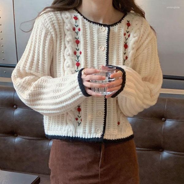 

women's knits autumn winter loose cardigan elegant women embroidery floral knit jacket korean long sleeve sweater casual outerwear k57, White