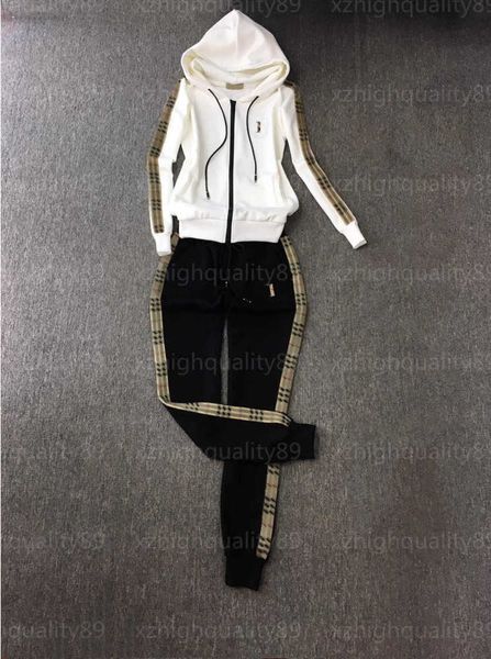 

women tracksuit hoodie sweatpants pant track suit designer set checkered tape long sleeve hooded drawstring zip jacket casual pants designer, Gray