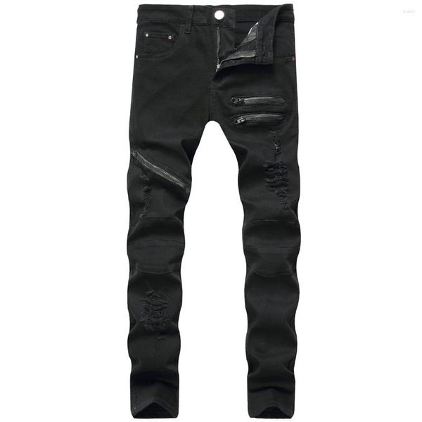 

men's ripped jeans fashion pencil solid color high waist ripped trousers zipper design close-fitting for men, Blue