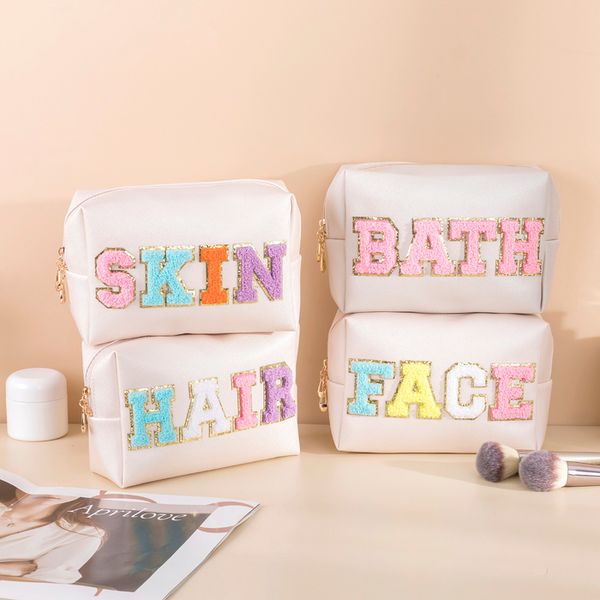 

cosmetic bags case girls preppy patch waterproof chenille letter skincare pu leather portable makeup toiletry bag for daily use 230824