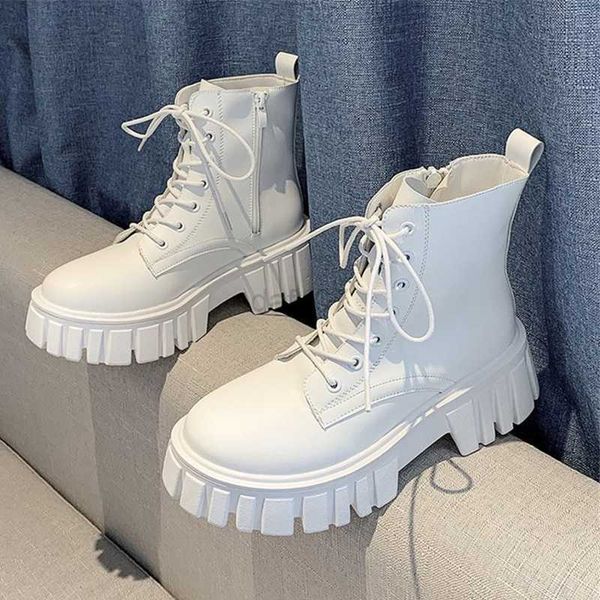 

boots rimocy new women white ankle boots pu leather thick sole lace up combat booties female autumn winter platform shoes woman, Black