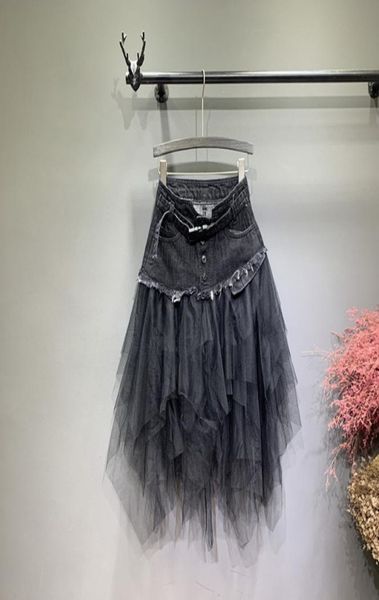 

summer denim saia jeans skirt women irregular high waisted mesh patchwork long pleated midcalf tulle skirts tutu high street y2005362571, Black