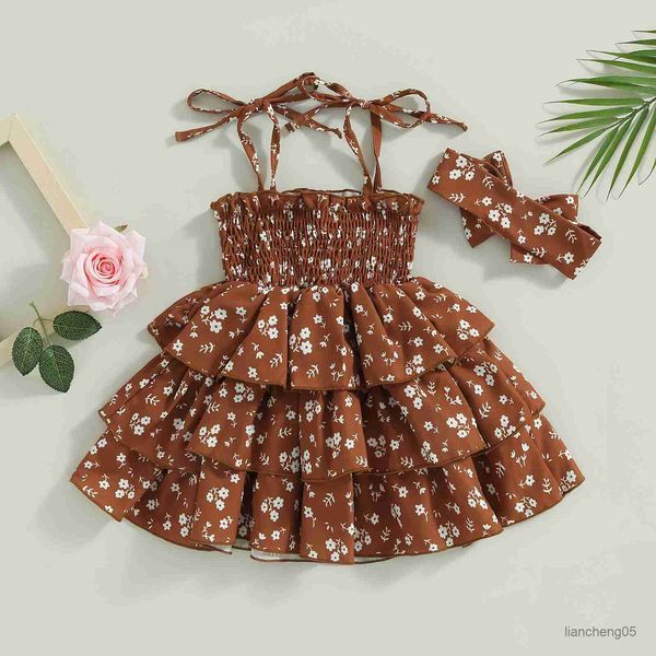 

girl's dresses kids babygirl dresses head band set floral off shoulder sleeveless layered ruffled casual party street princess dress 6m, Red;yellow