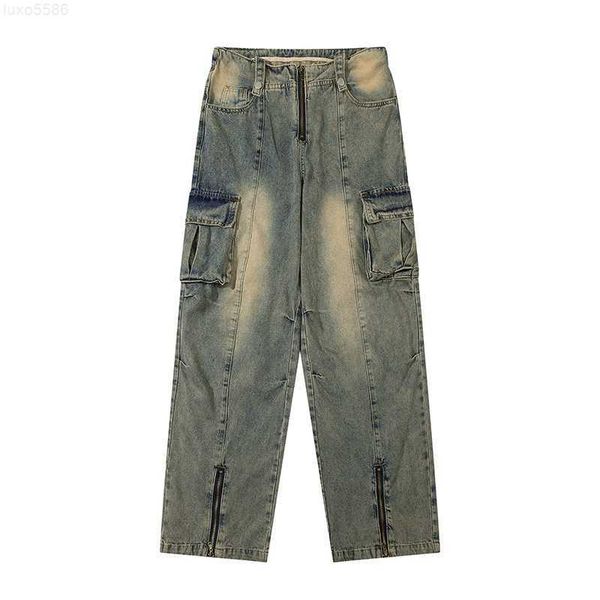 

new american designer casual trendsetters make old washed and ground white jeans, men's casual pants, multi pocket zippered jeans, Black