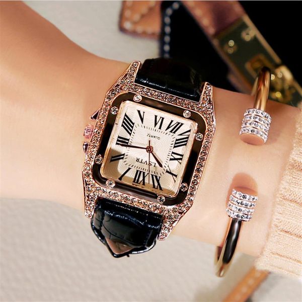 

beautiful vintage female watch rhinestone fashion student quartz watches real leather belt square diamond inset womens wristwatche280o, Slivery;brown