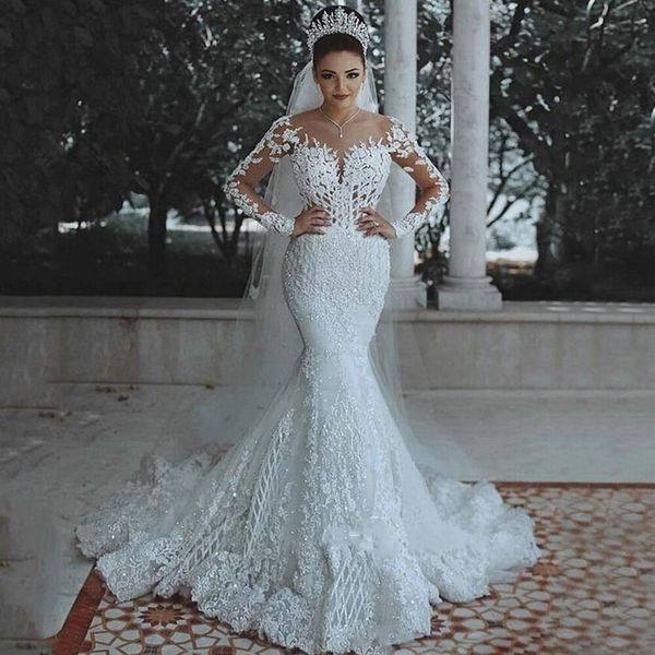 

luxury dubai saudi arabic lace mermaid wedding dress illusion long sleeve bride dresses crystals beads wedding gowns, White