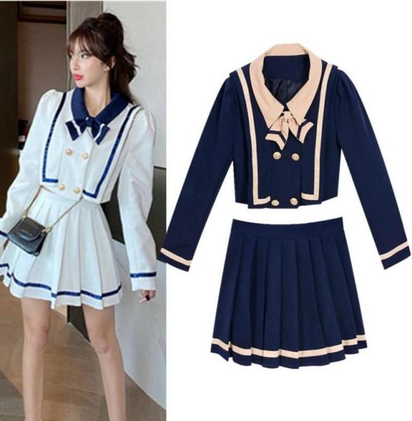 

two piece dress preppy style spring fall women clothing set bows casual patchwork blouse and pleated slim young ladies skirts5916805, White