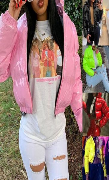 

women winter long sleeve zipper puffer down jacket stand collar shiny metallic faux leather cropped puffy bubble coat quilt6334969, Black