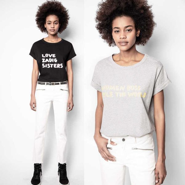 

zadig voltaire 23ss designer t shirt summer new french minority zv women's sleeve curling gray letter printing black cotton short sleev, White