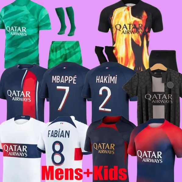 

2023 2024 mbappe soccer jerseys hakimi vitinha n.mendes 22 23 24 maillots de football verratti men kids kit shirt uniforms homme enfant fabi, Black;yellow
