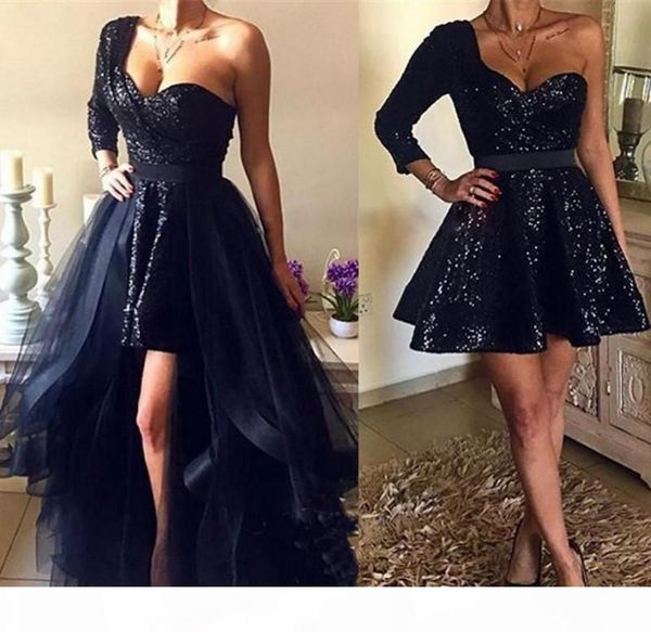 

spakly navy blue sequins short prom dresses with detachable overskirt hi lo new 2019 one shoulder long sleeve african evening1428593, Black