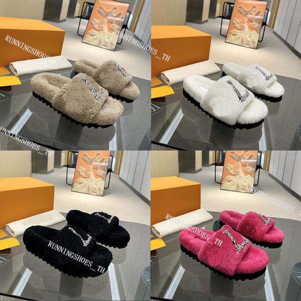 

designer slippers luxury women slippers ladies winter wool fluffy furry warm sandals comfortable fuzzy girl slipper, Black