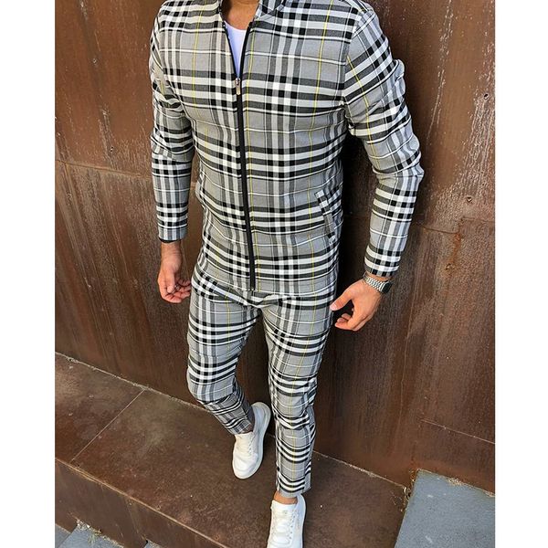 

men's tracksuits jacket suit men two piece outfits stripe outerwear plaid set zipper casual autumn fashion male gentlemen clothing spor, Gray