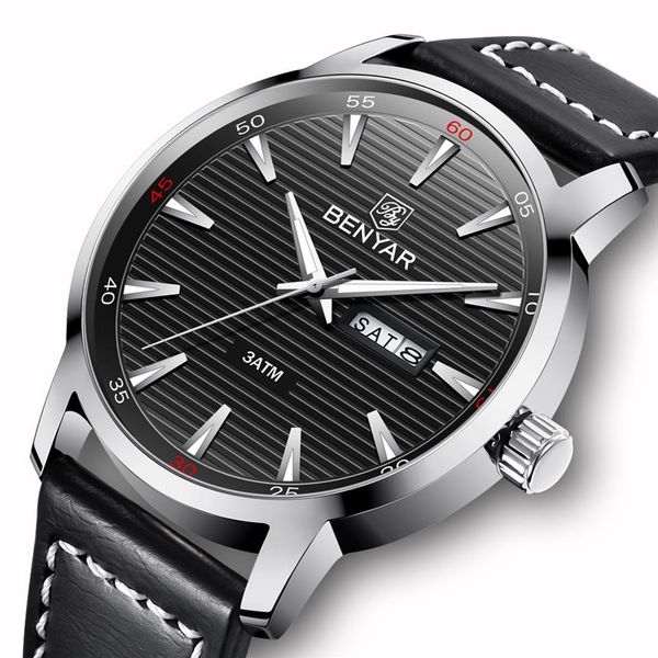 

luxury brand benyar new men watch fashion waterproof week date military male quartz leather watches relogio masculino252r, Slivery;brown