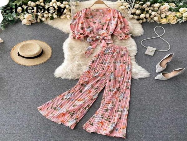 

women summer bohemian floral set v neck puff sleeve short high waist pleated wide leg long pants two pieces suits 2111053035300, White