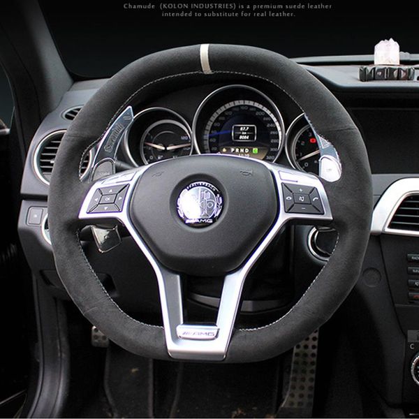 

for benz c63 amg cla45 cls63 amg ml63 gle63 hand-stitched anti-slip black suede diy steering wheel cover269n