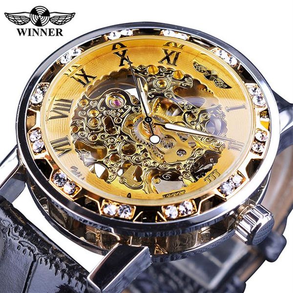 

winner black golden retro luminous hands fashion diamond display mens mechanical skeleton wrist watches brand luxury clock wat282a, Slivery;brown