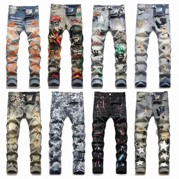 

designer jeans mens miri jeans fashion cool style denim pant distressed ripped biker embroidery luxury black blue jean slim fit motorcycle h