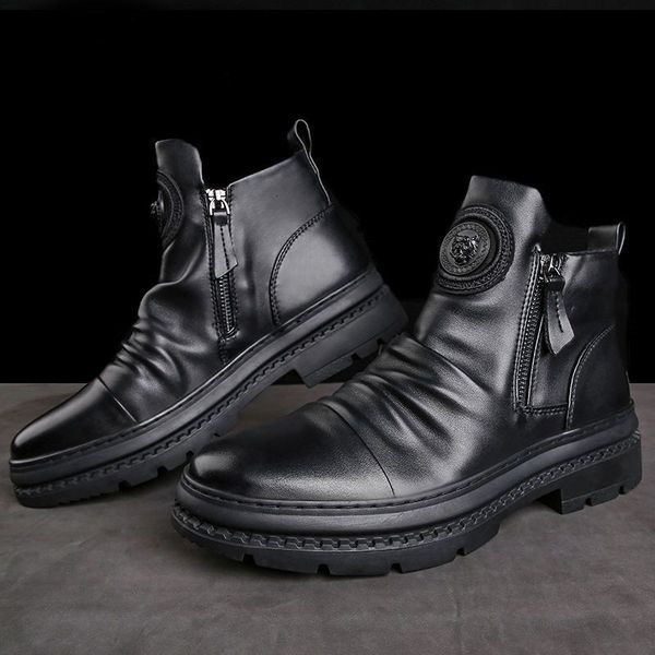 

dress shoes wnfsy men leather shoes high british motorcycle leather men thick sole trend chelsea mens casual shoes zapatillas de hombre 2308, Black