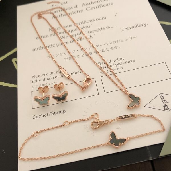 

vintage jewelry set sweet brand designer copper with 18k gold plated white mother shell butterfly charm necklace earrings bracelet set for w, Black