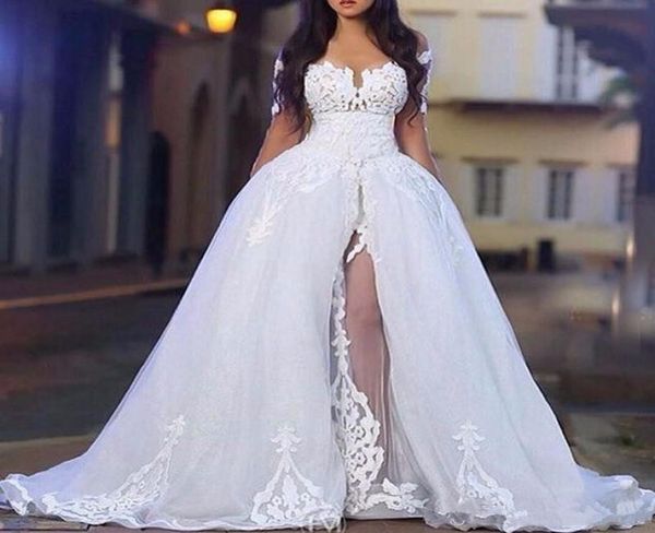 

2020 arabic white elegant off the shoulder wedding dresses with overskirt long sleeve lace bridal wedding ball gowns with detachab4977117