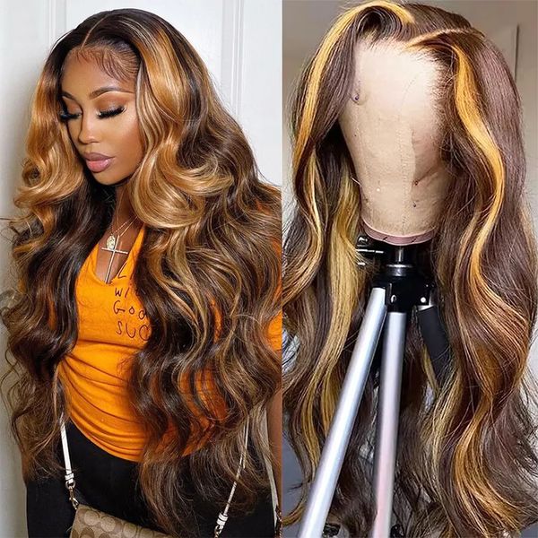

30 28 Inch Highlight Honey Body Wave 13x4 HD Lace Front Human Hair Wigs Remy Ombre Colored Wavy Lace Frontal Wigs for Women al, Black