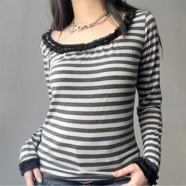 

men s t shirts combhasaki womens apring autumn y2k vintage grunge round neck lace ruffled trim basic striped long sleeve skinny tee shirts 2, White;black
