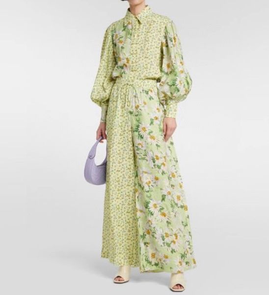 

australian designer women's green floral printed long sleeved shirt and pants set, White