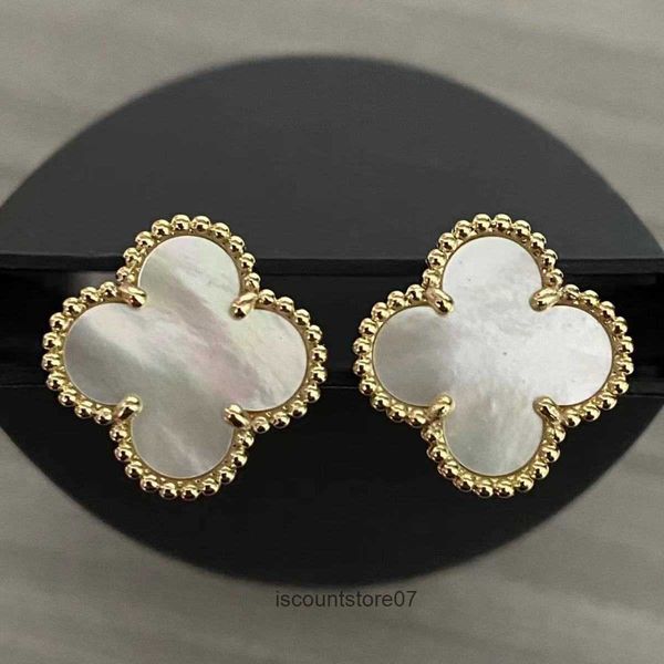 

stud earrings two flowers 4/four leaf clover back mother-of-pearl silver 18k gold plated agate for girls valentine's wedding jewelry, Golden;silver